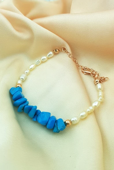 VAOOV 925 Ayar Gümüş İnci ve Firuze Taşlı Bileklik - Resim 2