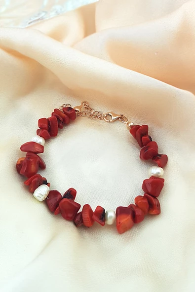 VAOOV 925 Ayar Gümüş İnci ve Mercan Taşlı Bileklik - Resim 2