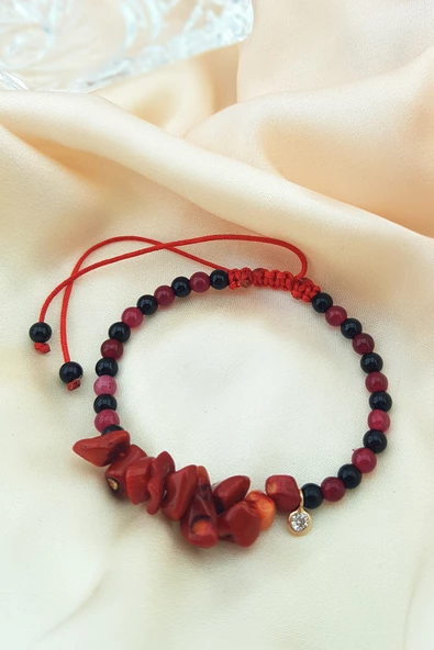 VAOOV 925 Ayar Gümüş Mercan ve OniksTaşlı Bileklik ürün görseli