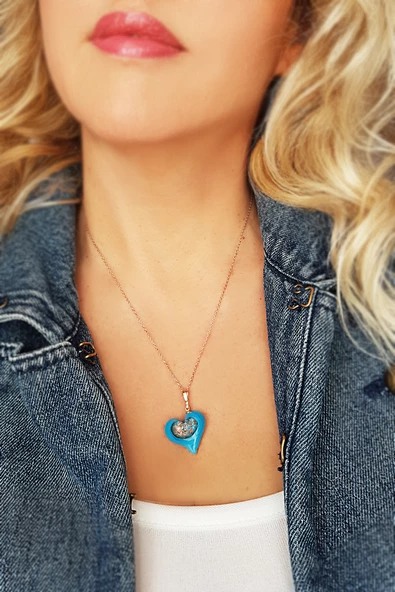 El Yapımı Murano Camı Kalp Gümüş Kolye - Resim 2