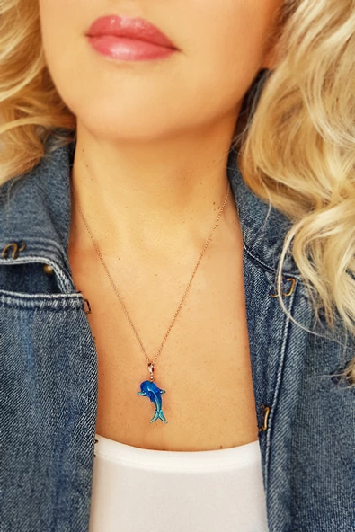 El Yapımı Murano Camı Yunus Balığı Gümüş Kolye - Resim 2