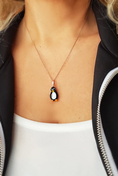 El Yapımı Murano Camı Penguen Gümüş Kolye - Resim 2