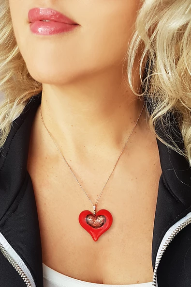 El Yapımı Murano Camı Kalp Gümüş Kolye - Resim 2