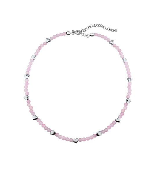 Vaoov 925 Ayar Gümüş Pembe Kuvars ve Hematit Taşlı Kalp Kolye - Resim 2