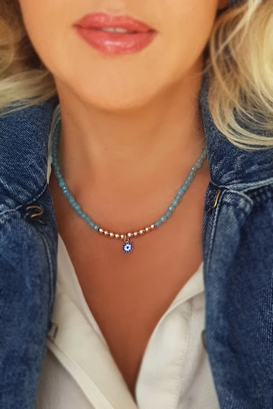 925 Ayar Gümüş Mavi Kuvars Nazar Kolye ürün görseli