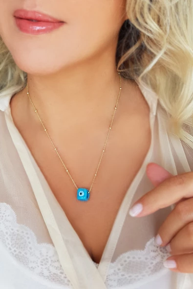 925 Ayar Gümüş Küp Nazar Kolye ürün görseli