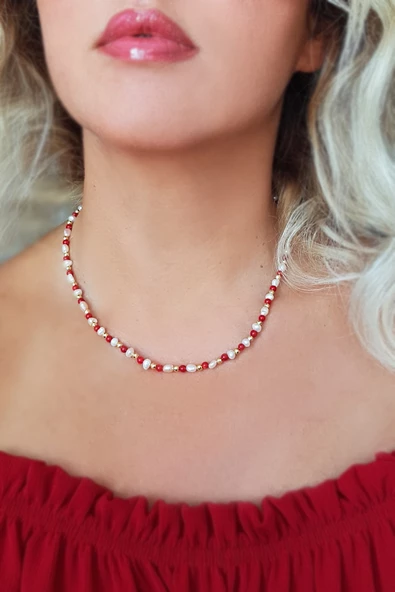 İnci Mercan Hematit Taşlı Gümüş Kolye ürün görseli