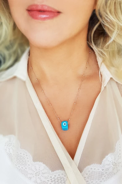 925 Ayar Gümüş Rose Altın Kaplama Küp Nazar Kolye ürün görseli