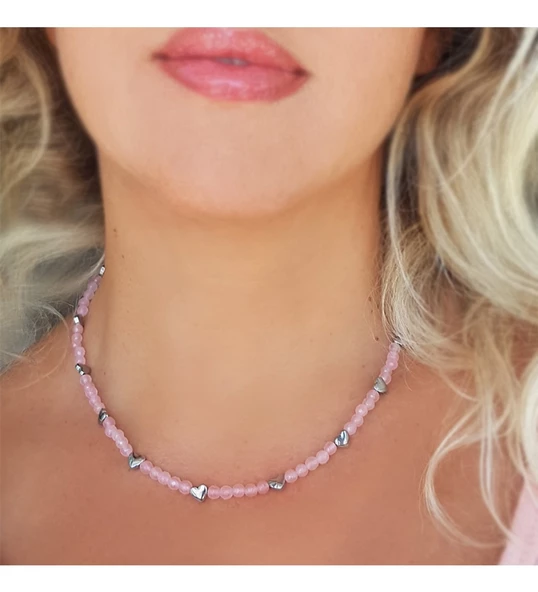 Vaoov 925 Ayar Gümüş Pembe Kuvars ve Hematit Taşlı Kalp Kolye ürün görseli