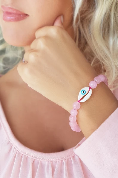 Pembe Kuvars Taşlı Gümüş Nazarlı Bileklik ürün görseli