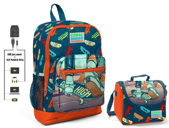 Coral High Kaykay Baskılı Okul Çantası ve Beslenme Çantası Seti - Erkek Çocuk - USB Soketli ürün görseli
