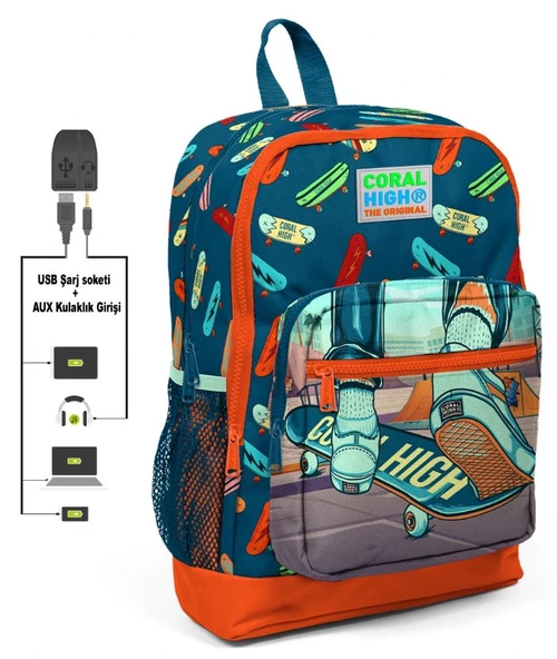 Coral High Kaykay Baskılı Okul Çantası ve Beslenme Çantası Seti - Erkek Çocuk - USB Soketli - Resim 2