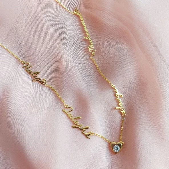 Vaoov 925 Ayar Gümüş El Yazısı Dört İsimli Taşlı Kalp Kolye - Resim 2