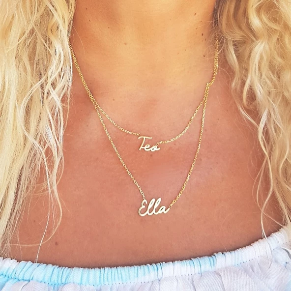 Vaoov 925 Ayar Gümüş İki İsimli El Yazısı Kolye ürün görseli