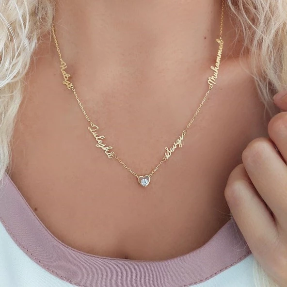 Vaoov 925 Ayar Gümüş El Yazısı Dört İsimli Taşlı Kalp Kolye - Resim 3