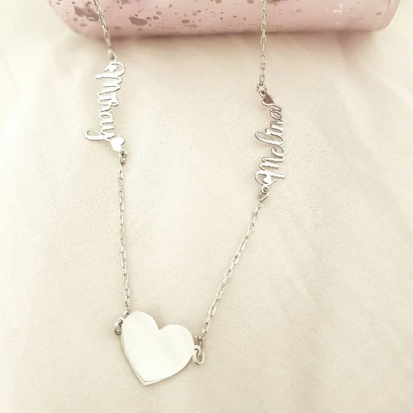 Vaoov 925 Ayar Gümüş İki İsimli Kalp Kolye - Resim 2