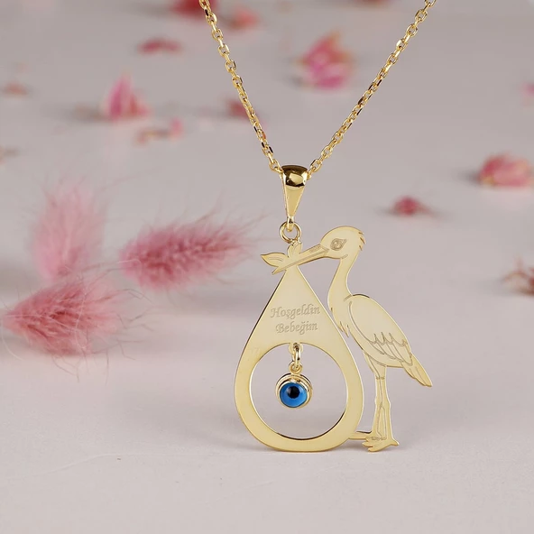 Vaoov 925 Ayar Gümüş Kişiye Özel Leylekli İsimli Doğum Kolyesi ürün görseli