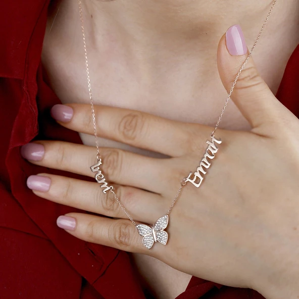 Vaoov 925 Ayar Gümüş Kişiye Özel İki İsimli Kelebek Kolye ürün görseli