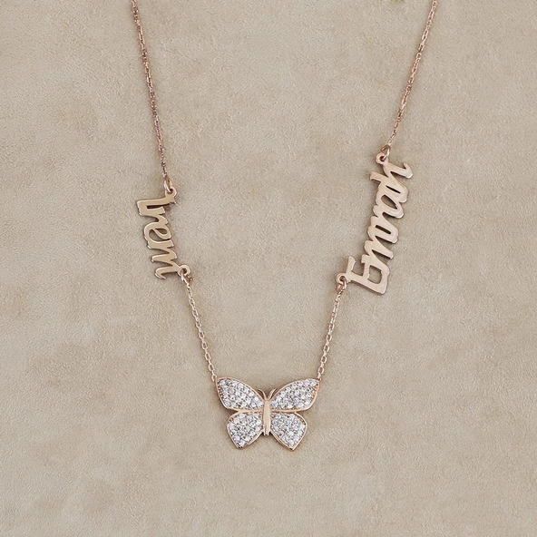 Vaoov 925 Ayar Gümüş Kişiye Özel İki İsimli Kelebek Kolye - Resim 2