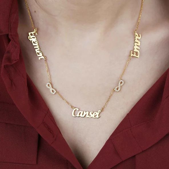 Vaoov 925 Ayar Gümüş Kişiye Özel Çift Sonsuzluk Üç İsim Kolye ürün görseli