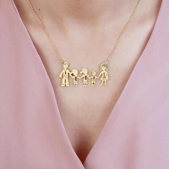 Vaoov 925 Ayar Gümüş Kişiye Özel Beş Figürlü Aile Kolyesi ürün görseli