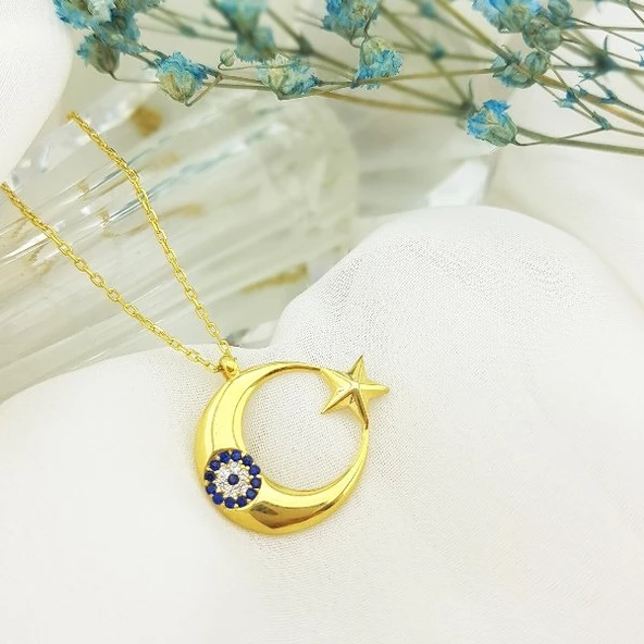 Vaoov 925 Ayar Gümüş Nazarlı Ay Yıldız Kolye ürün görseli 1