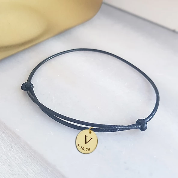 Vaoov 925 Ayar Gümüş Harf ve Tarihli İp Erkek Bileklik ürün görseli