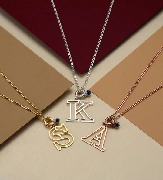 Vaoov 925 Ayar Gümüş Kişiye Özel Harfli Nazarlı Kolye - Resim 3