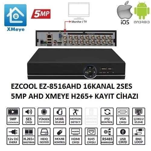 EZCOOL EZ-8516AHD 16 KANAL 5 MP 1HDD XMEYE KAYIT CİHAZI ürün görseli