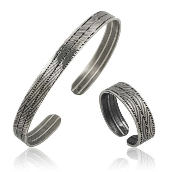 Gümüş Çizgi Desenli Bileklik Ve Yüzük Set - Resim 2