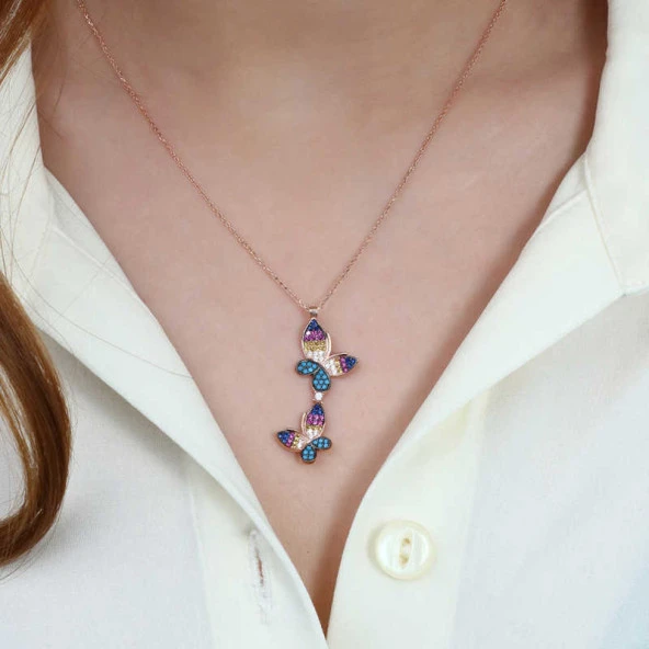 Gümüş Rose  Çift Kelebek Bayan Kolye ürün görseli 1