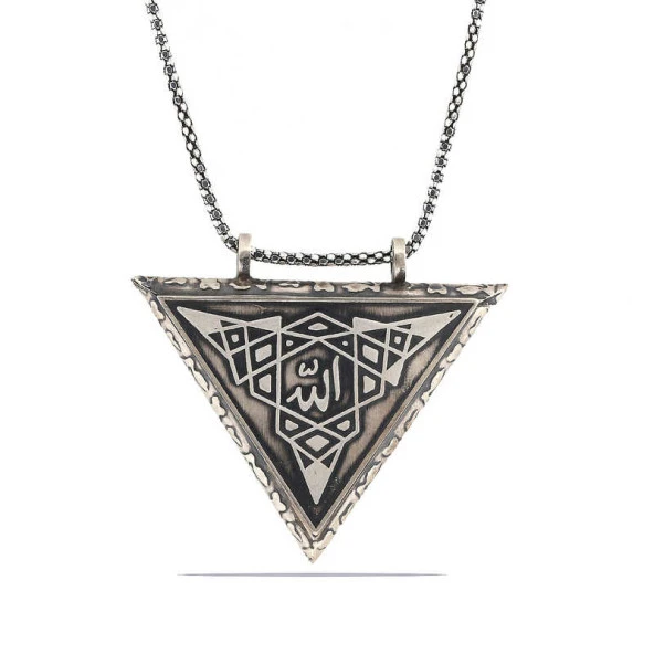 Gümüş Üçgen İçi Açılabilen Allah Muskalık Kolye - Resim 4