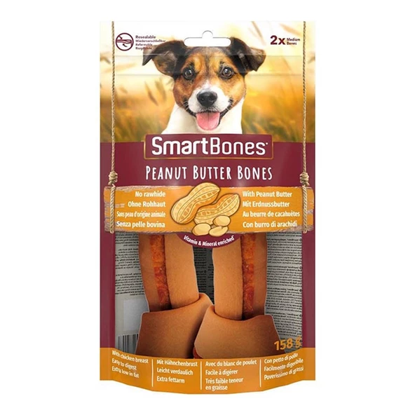 SmartBones Tavuklu Fıstık Ezmeli Medium Düğüm Kemik Köpek Ödülü 2li 158 Gr Skt :12/2026