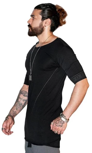 Capotrio Erkek Bohem Kısa Kol Uzun T-Shirt Siyah - 2