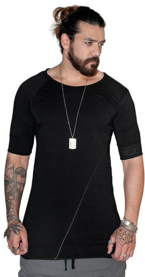 Capotrio Erkek Bohem Kısa Kol Uzun T-Shirt Siyah