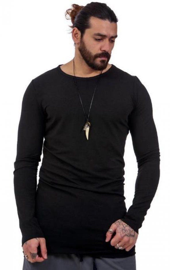 Capotrio Erkek Bohem Uzun Kol Uzun T-Shirt Siyah