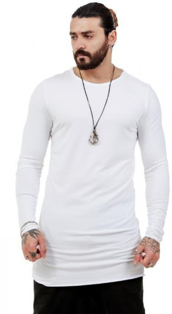 Capotrio Erkek Bohem Uzun Kol Uzun T-Shirt Beyaz