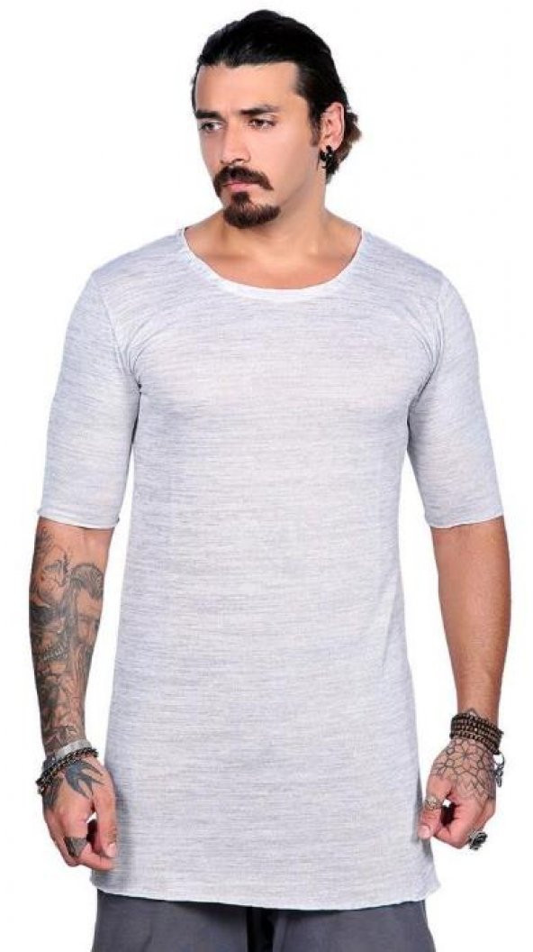 Capotrio Erkek Özel Tasarım Uzun Keten T-Shirt Gri