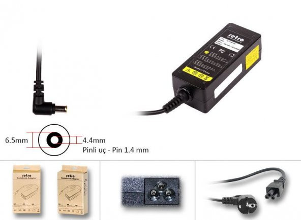 Lg, Sony 19.5V 2A 39W 6.5mm x 4.4 mm Notebook Adaptör (19V 0.84A, 1.3A, 1.7A ve 2.1A, 2.15A uyumlu)