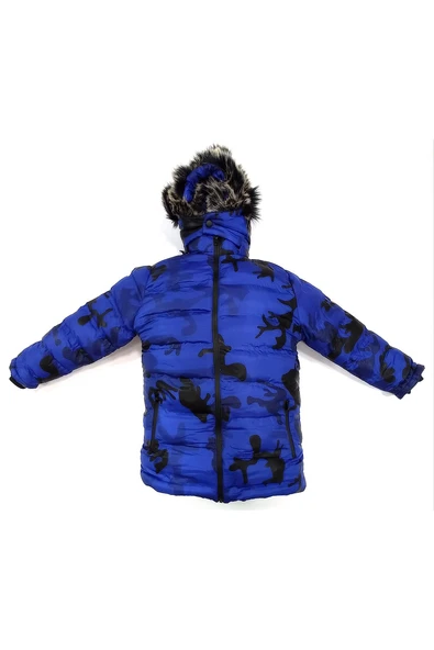 Life For Moda Erkek Çocuk Kamuflaj Desenli Fermuar Cepli Tüylü Kapüşonlu Şişme Mont Kaban - 12