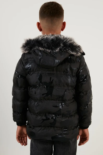 Life For Moda Erkek Çocuk Kamuflaj Desenli Fermuar Cepli Tüylü Kapüşonlu Şişme Mont Kaban - 10