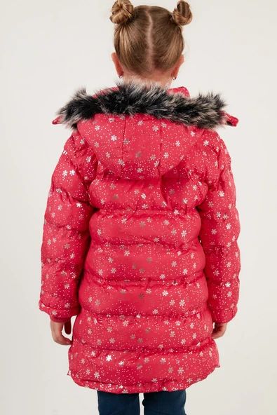 Life For Moda Kız Çocuk Desenli Fermuar Cepli Tüylü Kapüşonlu Şişme Mont Kaban 7022 - 6