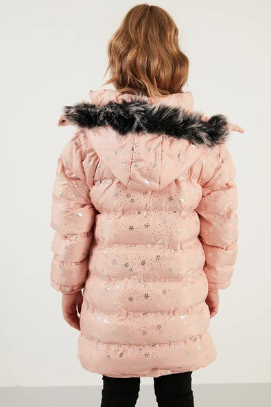 Life For Moda Kız Çocuk Desenli Fermuar Cepli Tüylü Kapüşonlu Şişme Mont Kaban 7022 - 4