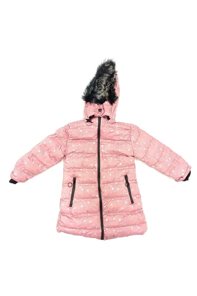 Life For Moda Kız Çocuk Desenli Fermuar Cepli Tüylü Kapüşonlu Şişme Mont Kaban 7022 - 11