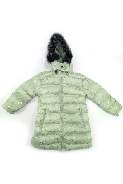 Life For Moda Kız Çocuk Desenli Fermuar Cepli Tüylü Kapüşonlu Şişme Mont Kaban 7022 - 12