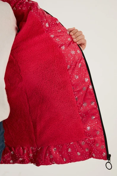 Life For Moda Kız Çocuk Desenli Fermuar Cepli Tüylü Kapüşonlu Şişme Mont Kaban 7022 - 7