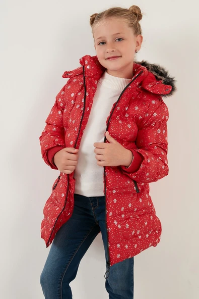 Life For Moda Kız Çocuk Desenli Fermuar Cepli Tüylü Kapüşonlu Şişme Mont Kaban 7022 - 5