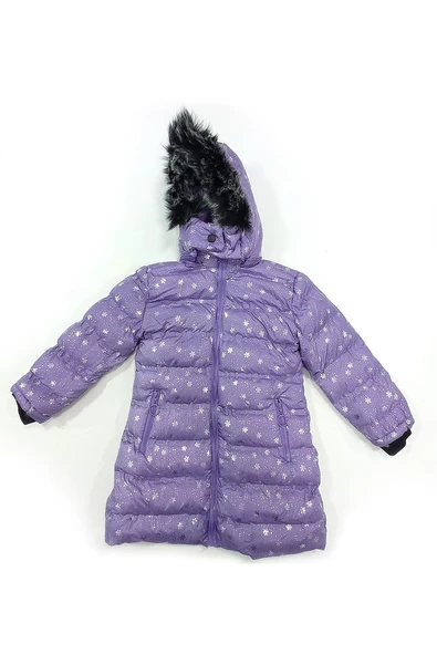 Life For Moda Kız Çocuk Desenli Fermuar Cepli Tüylü Kapüşonlu Şişme Mont Kaban 7022 - 9