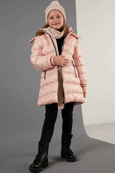 Life For Moda Kız Çocuk Desenli Fermuar Cepli Tüylü Kapüşonlu Şişme Mont Kaban 7022 - 2