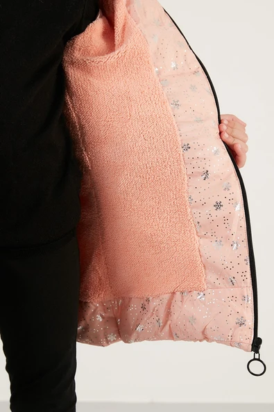 Life For Moda Kız Çocuk Desenli Fermuar Cepli Tüylü Kapüşonlu Şişme Mont Kaban 7022 - 3